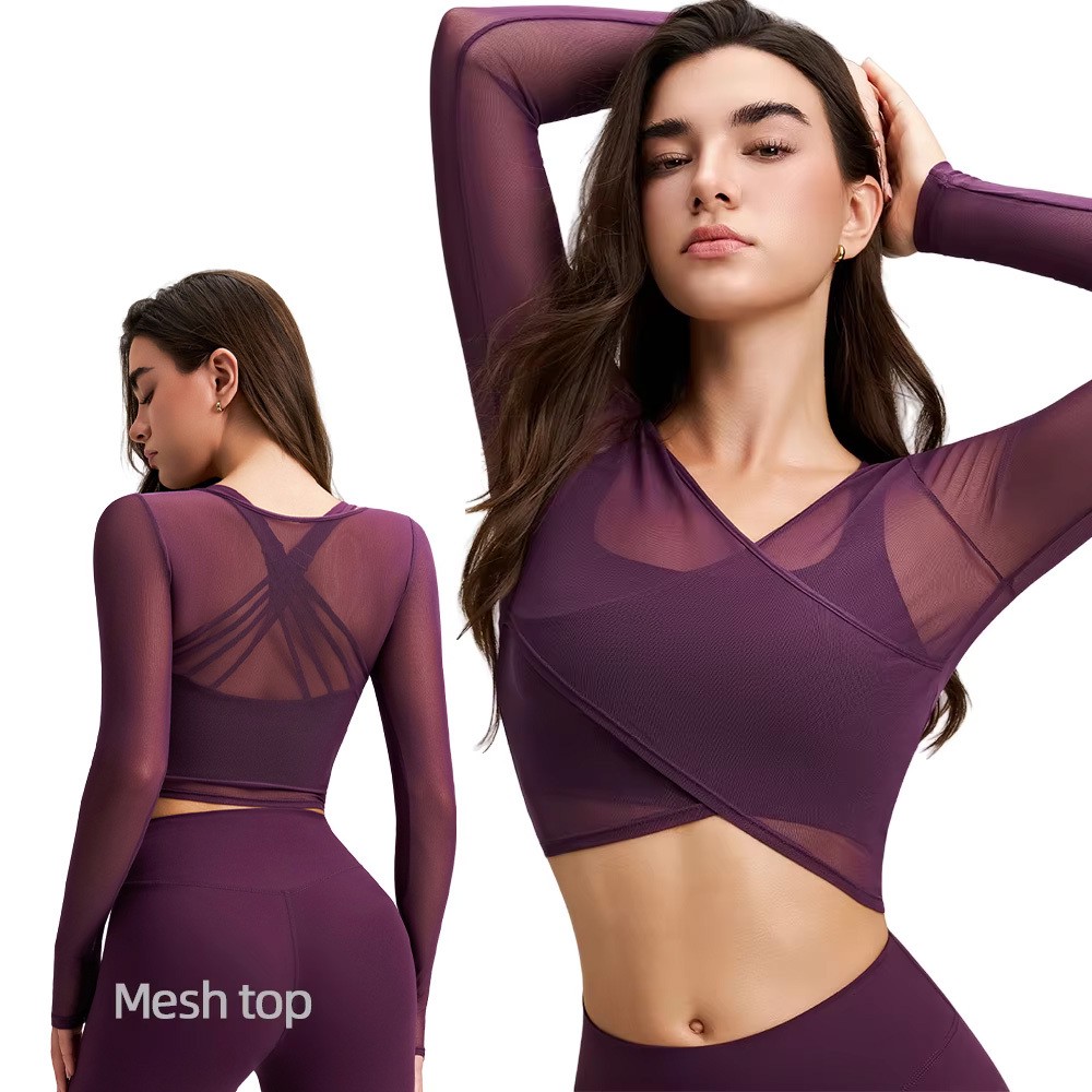 Custom Women's Long Sleeve Slim Yoga T-Shirt Breathable Mesh Sports Fitness Top V-Neck Lightweight Running Pilates Training Tee