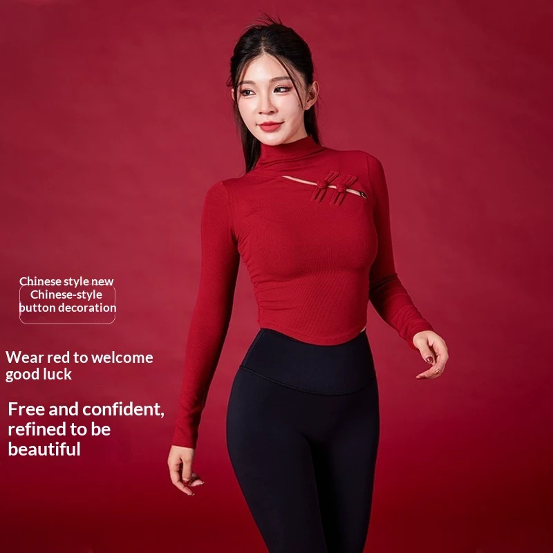 Slimming Breathable for Women's Nine Quarter Sleeve Traditional Chinese Style Buttoned Sports Yoga Wear Half-High Collar Top