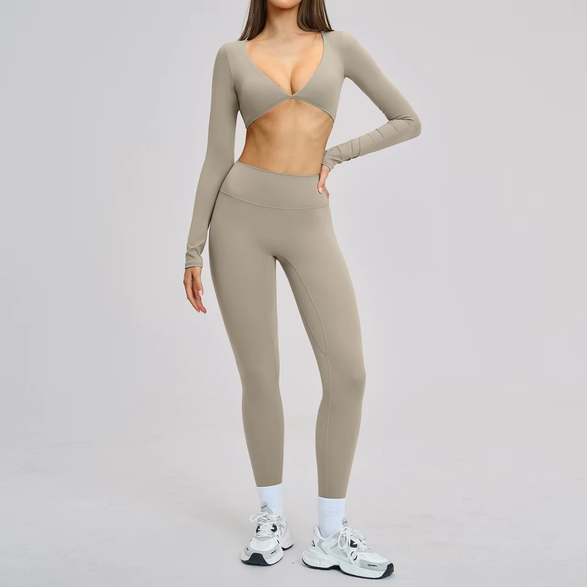 Custom Breathable Quick Drying Athletic Yoga Clothes High Quality Long Sleeved Yoga Top Leggings Suit Gym Fitness Elastic Waist