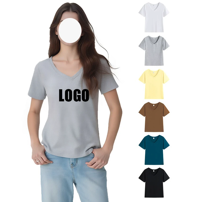 Casual Fashion 200gsm 95.1% Polyester 4.9% Spandex Yoga t Shirt Custom Design Slim Fit Short Sleeves v Neck T-shirt for Women