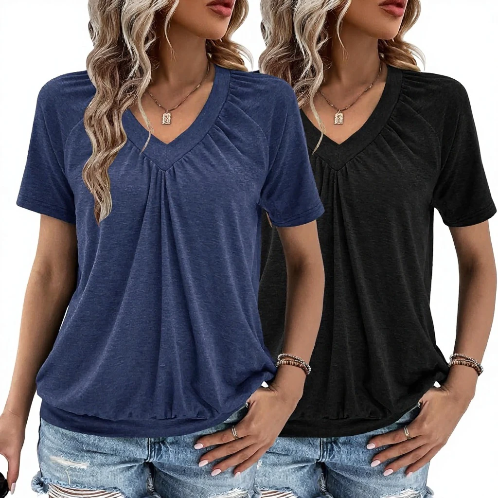 Summer Women's Plus Size Loose Fit V-Neck Short Sleeve Casual Ruched Breathable Knitted Polyester/Rayon/Spandex Blend Bqh Made