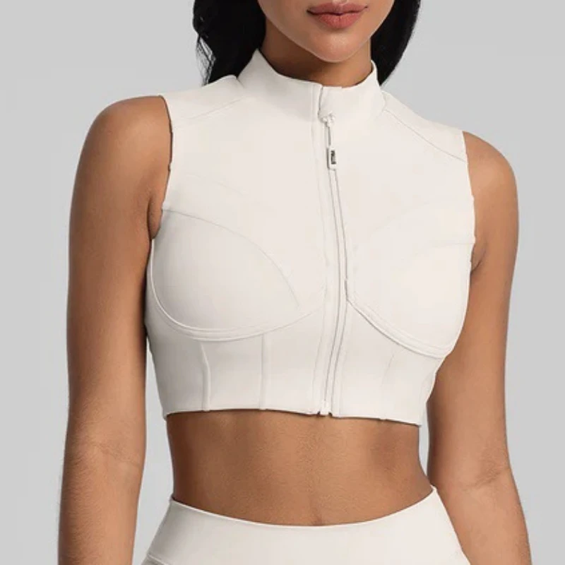 High Impact Sports Crop Top with Zipper Removable Padded Push up Bra Backless Racerback Yoga Tanks for Running Gym Quick-Dry