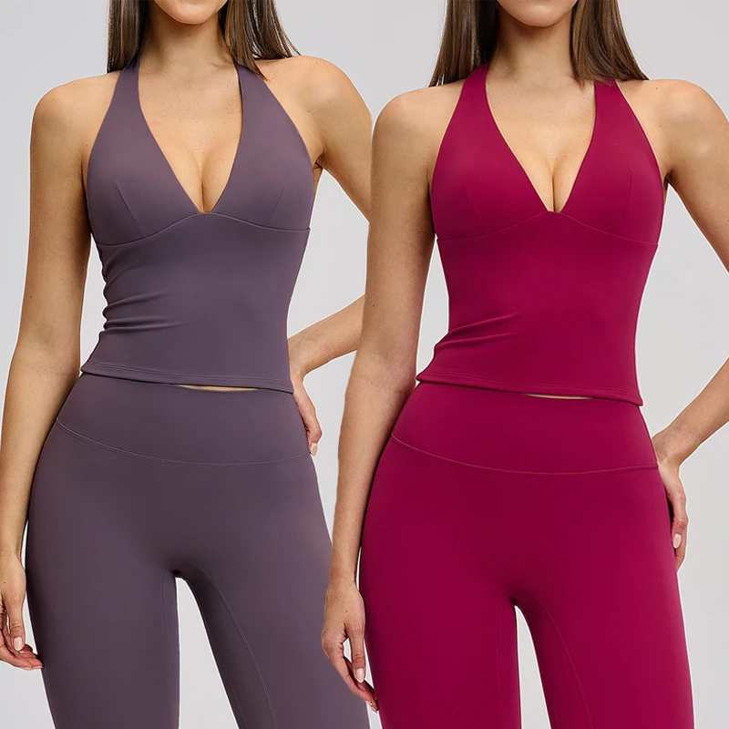 2026 Beautiful Back Halter Neck Tops Custom Label Ladies Fitness Wear Brown Nude Colors Halter Sports Bra