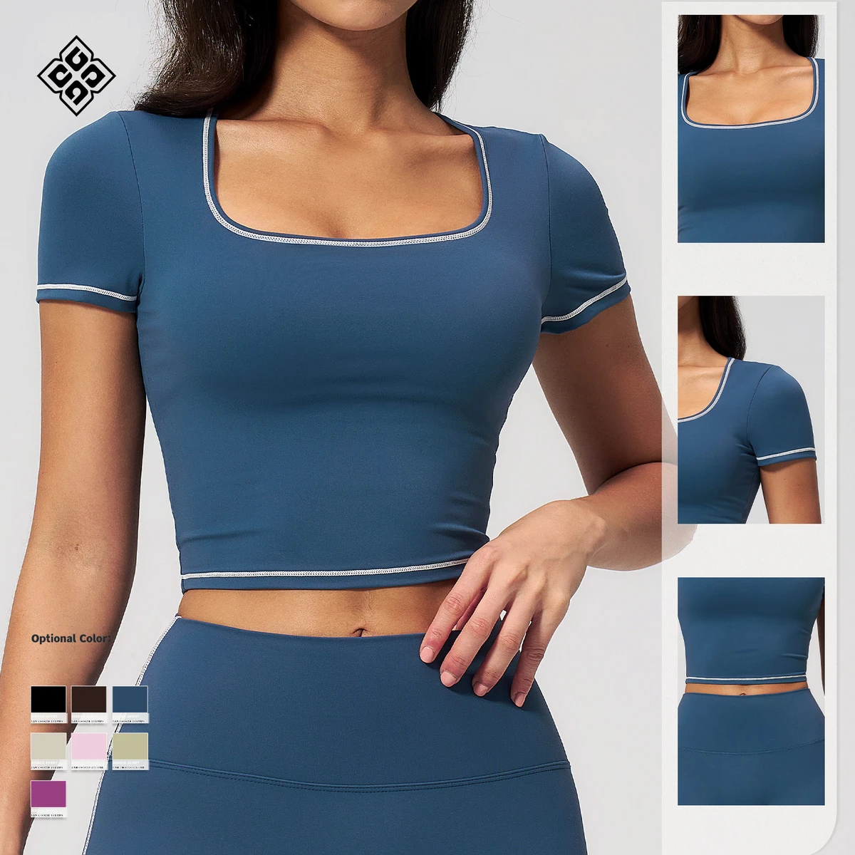 Yoga Short-sleeved Tight Waist-exposing Color-blocking Outerwear Short-sleeved Quick-drying Running and Fitness Yoga Top
