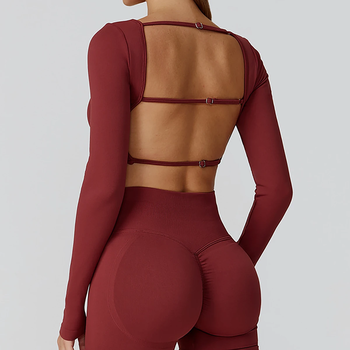 Breathable Long-Sleeve Versatile Quick-Dry Yoga Top Openwork Back Design Outdoor Sports Running Fitness Top Front Logo Position
