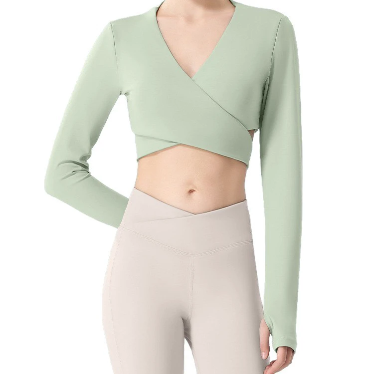 Deep V Solid Ballet Yoga Women Spandex/Polyester Quick Dry Long Sleeve Padded Tight-Fitting Sports Shirt Beautiful Back Workout