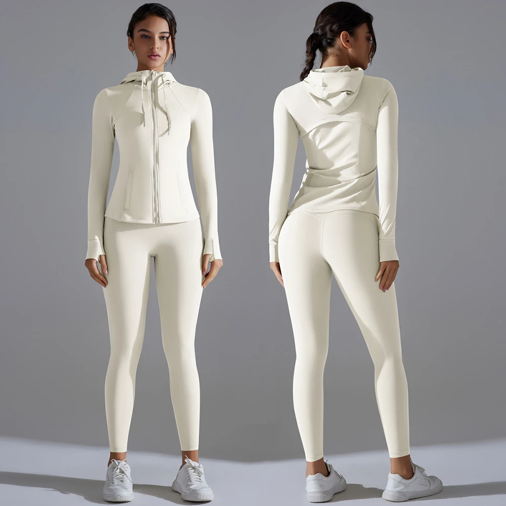 Women Quick Dry Breathable Sport Yoga Hooded Jacket Slim Gym Fitness Workout Zipper Elastic Waist 2-Piece Leggings Set