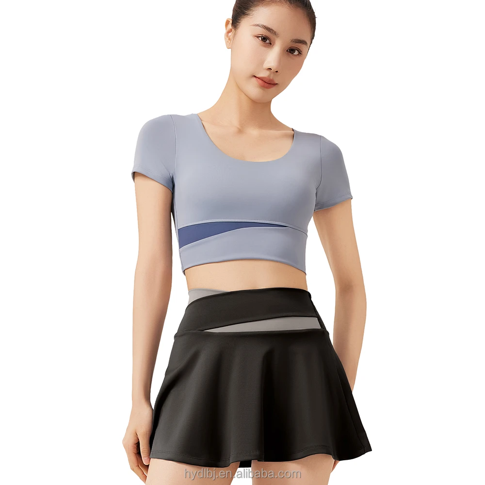2-Piece Yoga Skirt Set Built-in Bra Half Sleeve Crew Neck Double Layer Tummy Control Workout Outfit Sports Shirt for Training