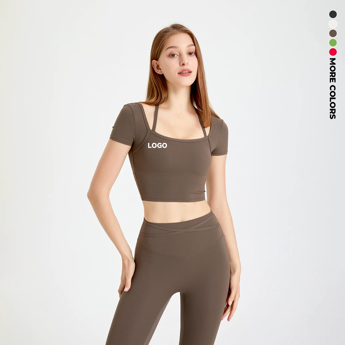 Yoga Suit Short-sleeved T-shirt for Women with Chest Pad Halter Neck Exercise Quick-drying Running Fitness Clothes Top
