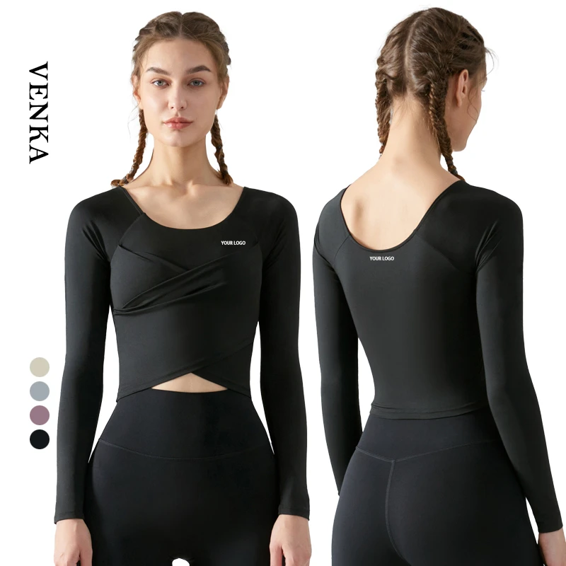 Custom Logo Women's Gym Fitness Solid Tops Cross Front Pleat Running Workout Shirt Women Yoga Long Sleeve Sports T-Shirt