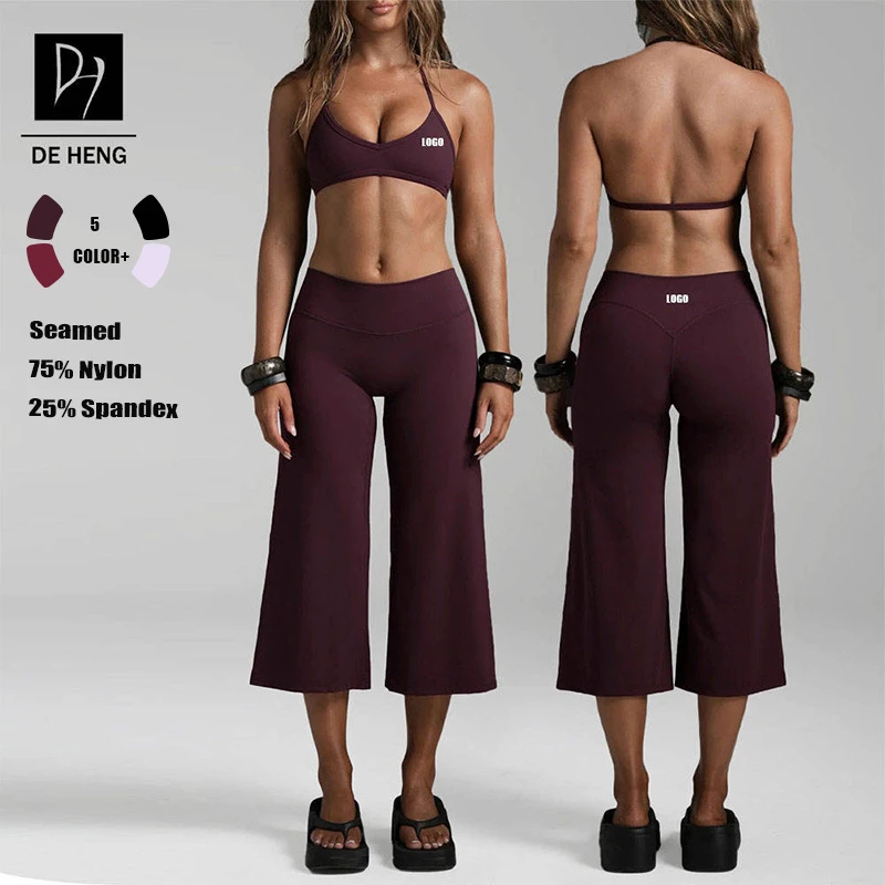Custom Logo Fitness Gym Yoga Wear High Quality Adjustable Halter Sports Bra Top Calf-Length Capris Flare Leggings Set for Women