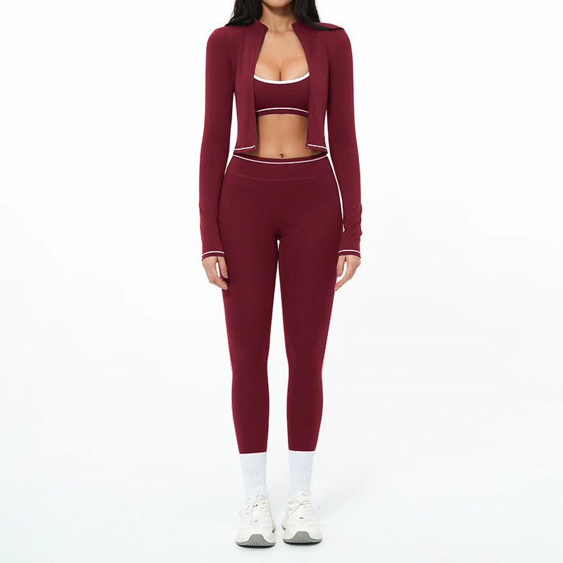 Yoke Seamless 3 Piece Color Block Outfits Plus Size High Waist Leggings Crisscross Sports Bra Jacket Activewear Women Yoga Sets