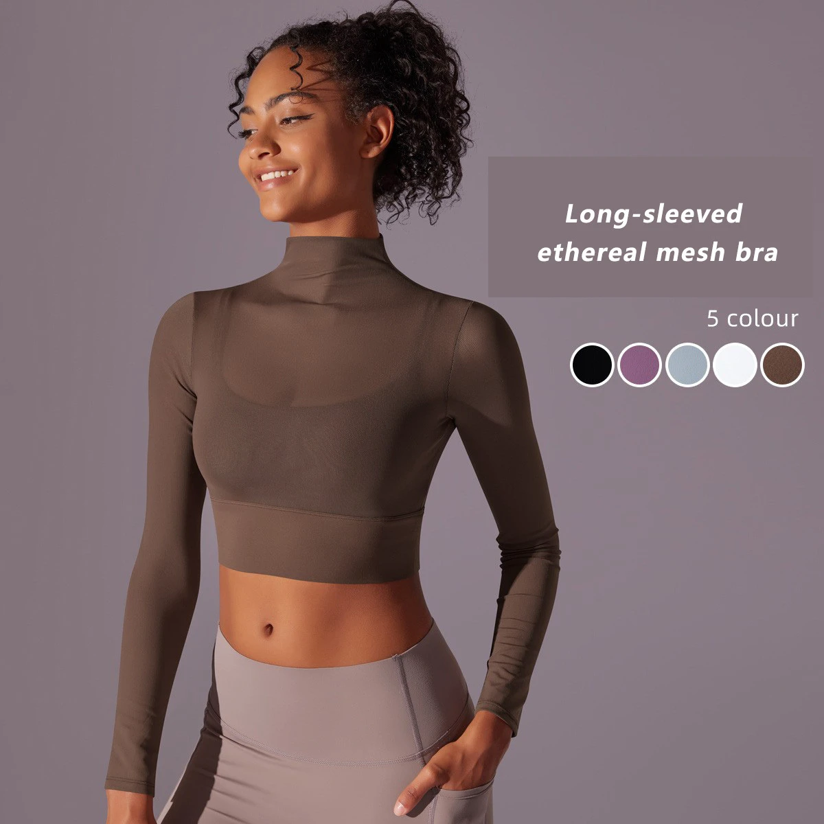 Mesh Yoga Wear, Long-sleeved Quick-drying Sports Running Fitness Bra, One-piece Cup Fitness Wear Top for Women