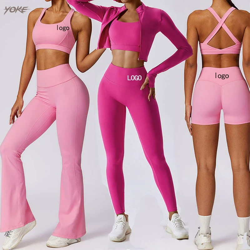 High Waist Seamless Fitness Set 5 Piece Gym Activewear Yoga Set Outfit For Women Jacket Yoga Long Sleeve Gym Top Sports Suit