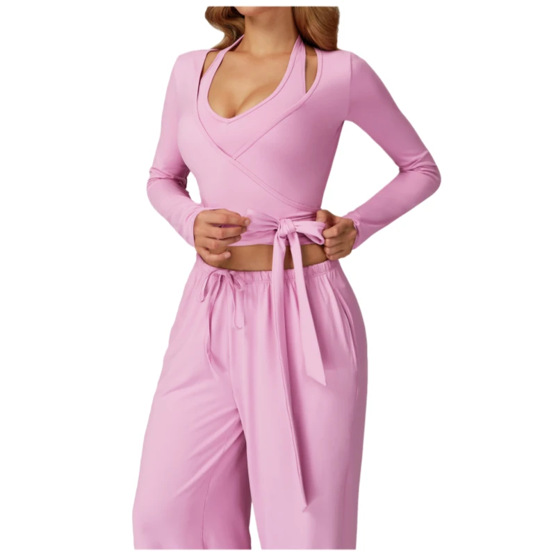 High-End Solid Seamless Spandex Long Sleeve Activewear Yoga Top Outfit with Tie Straps for Gym & Outdoor Exercise