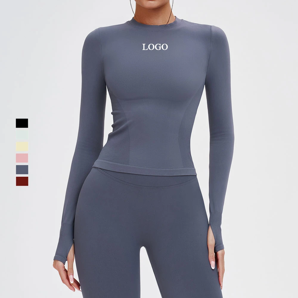 Custom Sustainable Recycled Spandex Seamless Long Sleeve Active Crop Tops High Elastic Sweat-Wicking Slim Fit Workout Yoga Tops
