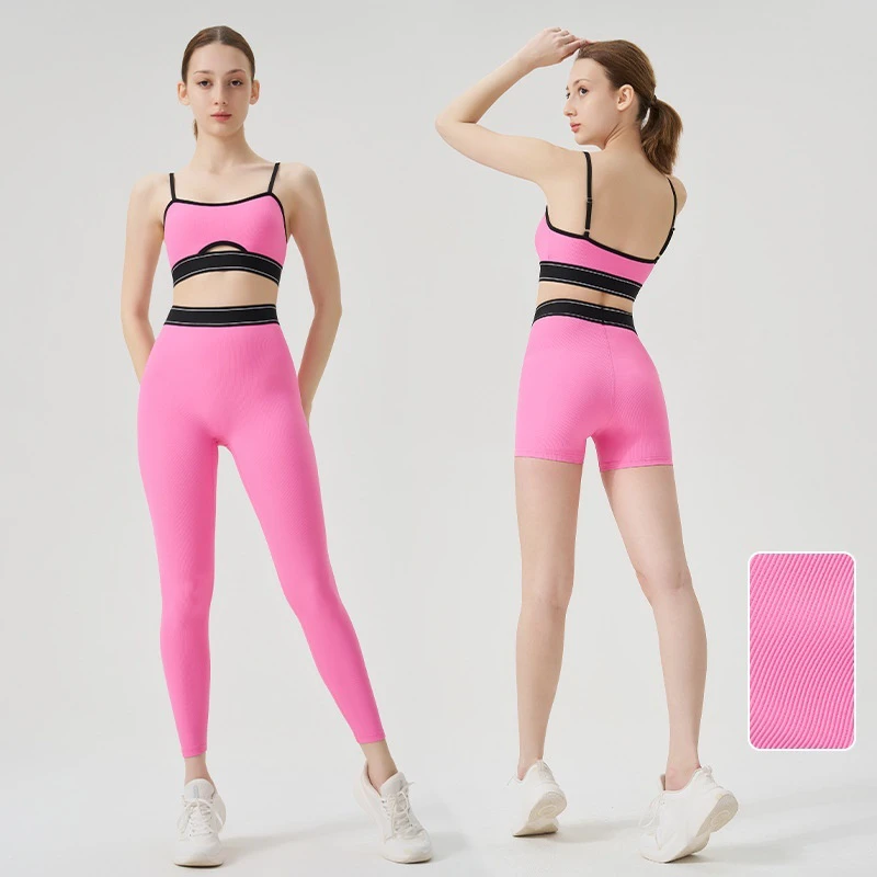 European American Style Solid Strapless V-neck Sports Bra Set Elastic Waist High Waist Yoga Top Breathable Lightweight