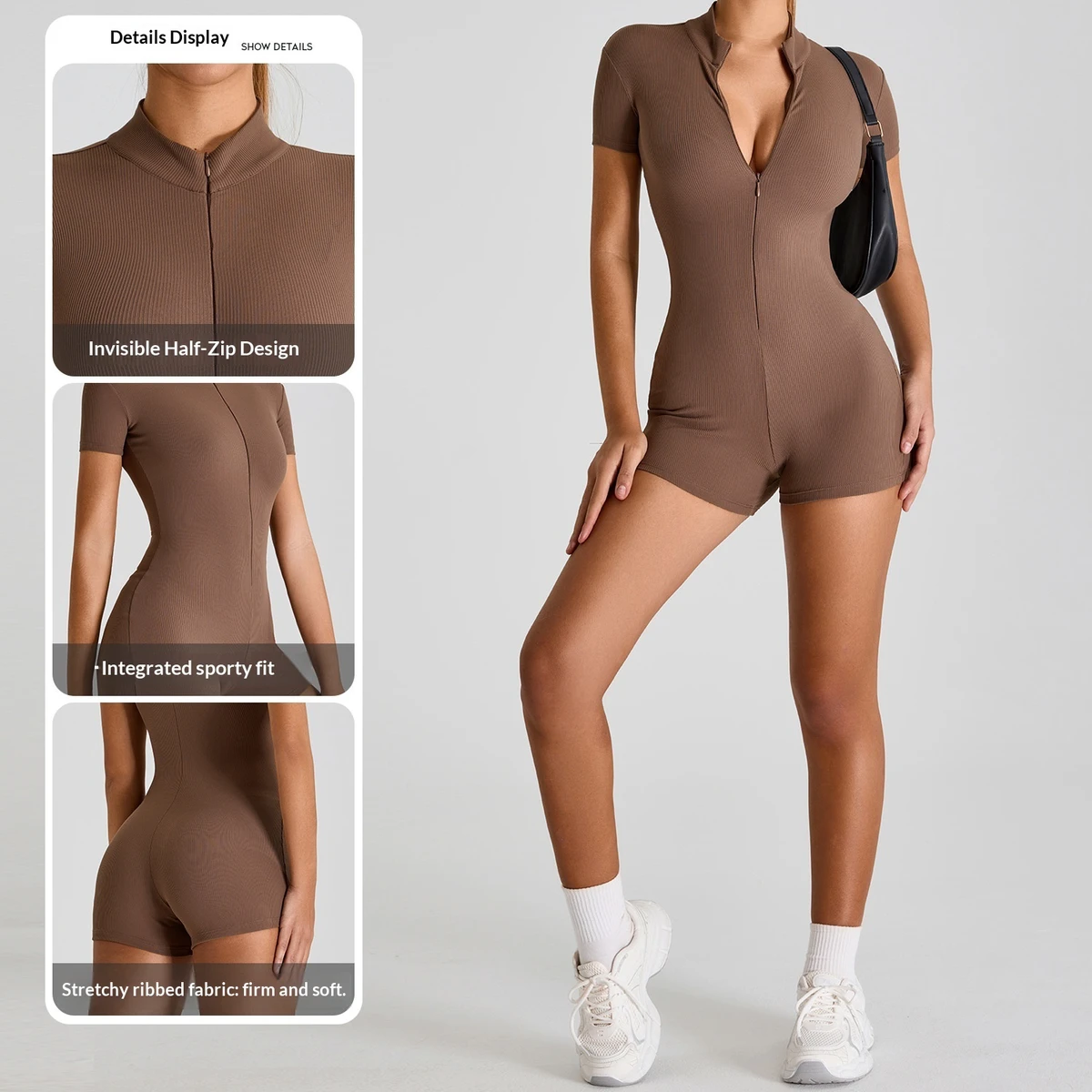 New Thread Slim-fit Anti-Wrinkle Solid Knit Women's Short-sleeved V-neck Zipper High-strength Nylon/Spandex Sports Suit YoGa Set