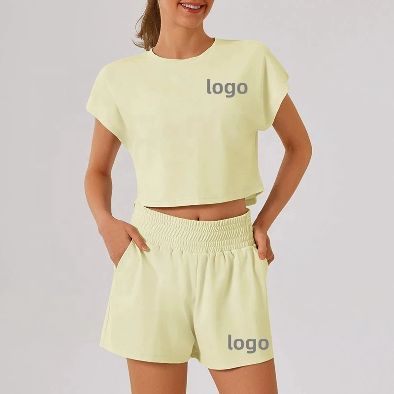 Custom Logo 2pcs Women'S Yoga Athletic Set Yoga T-Shirt Short Sleeve Top for Lady Gym Workout Running Tennis Shorts Comfy Sets