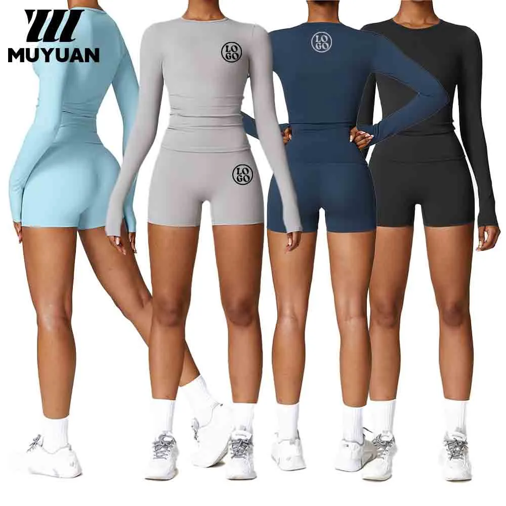 Sportswear Breathable Eco-Friendly Ultra Short 2-Piece Printed Wide Women Long Sleeve Yoga Body Suit Workout Activewear Sets