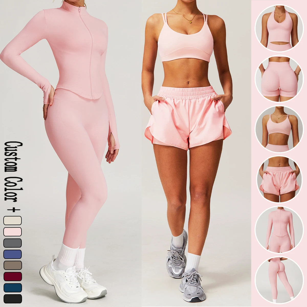 Wholesale Women Yoga Wear Set Workout Seamless Sports Open Back Halter Yoga Top Seamless Fitness Vest 6 Pieces Fitness Sets