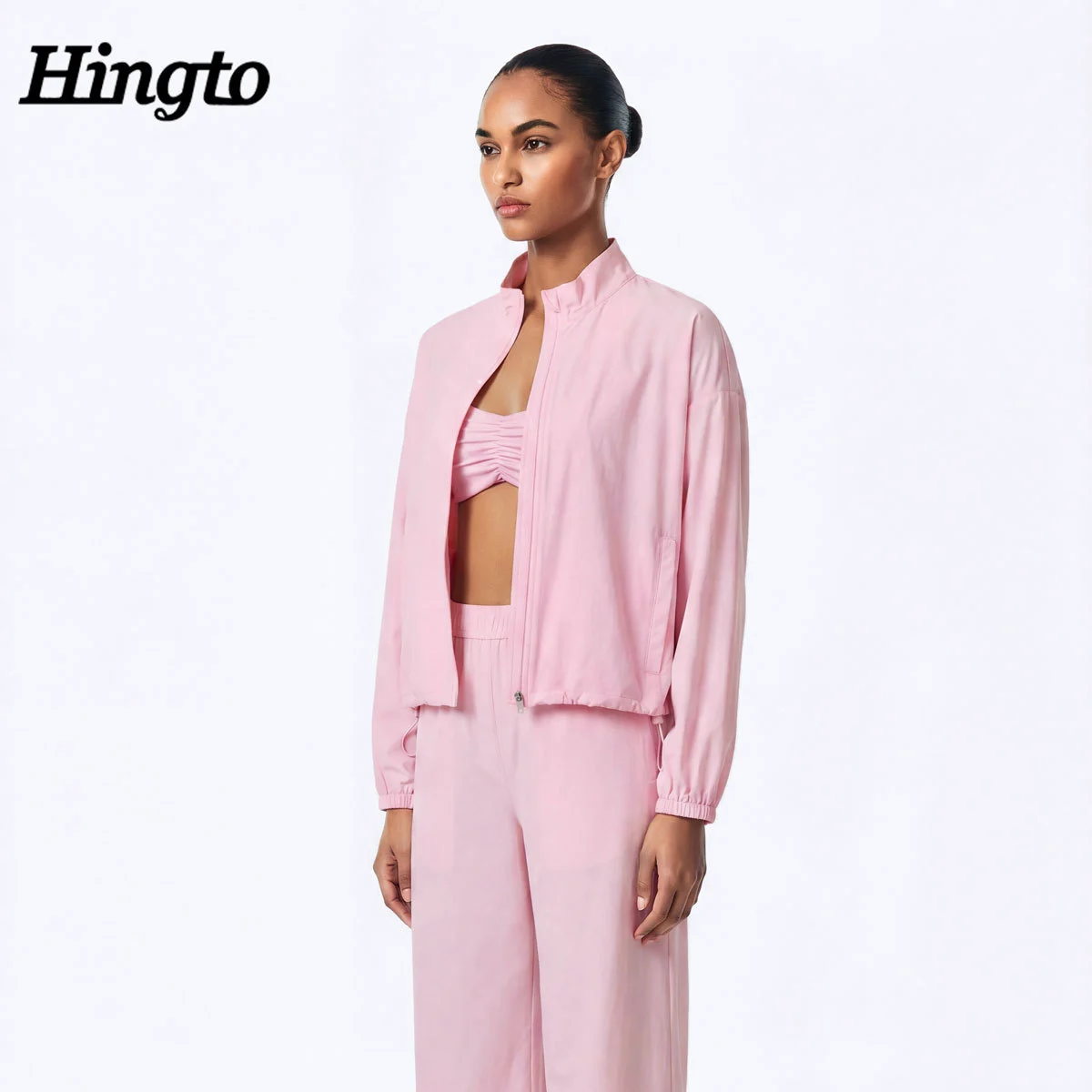 Custom Elite Women Workout Outfits Gym Set Jacket Sports Bra High Waist Wide Leg Pants Sportswear Athletic Wear Manufacturer