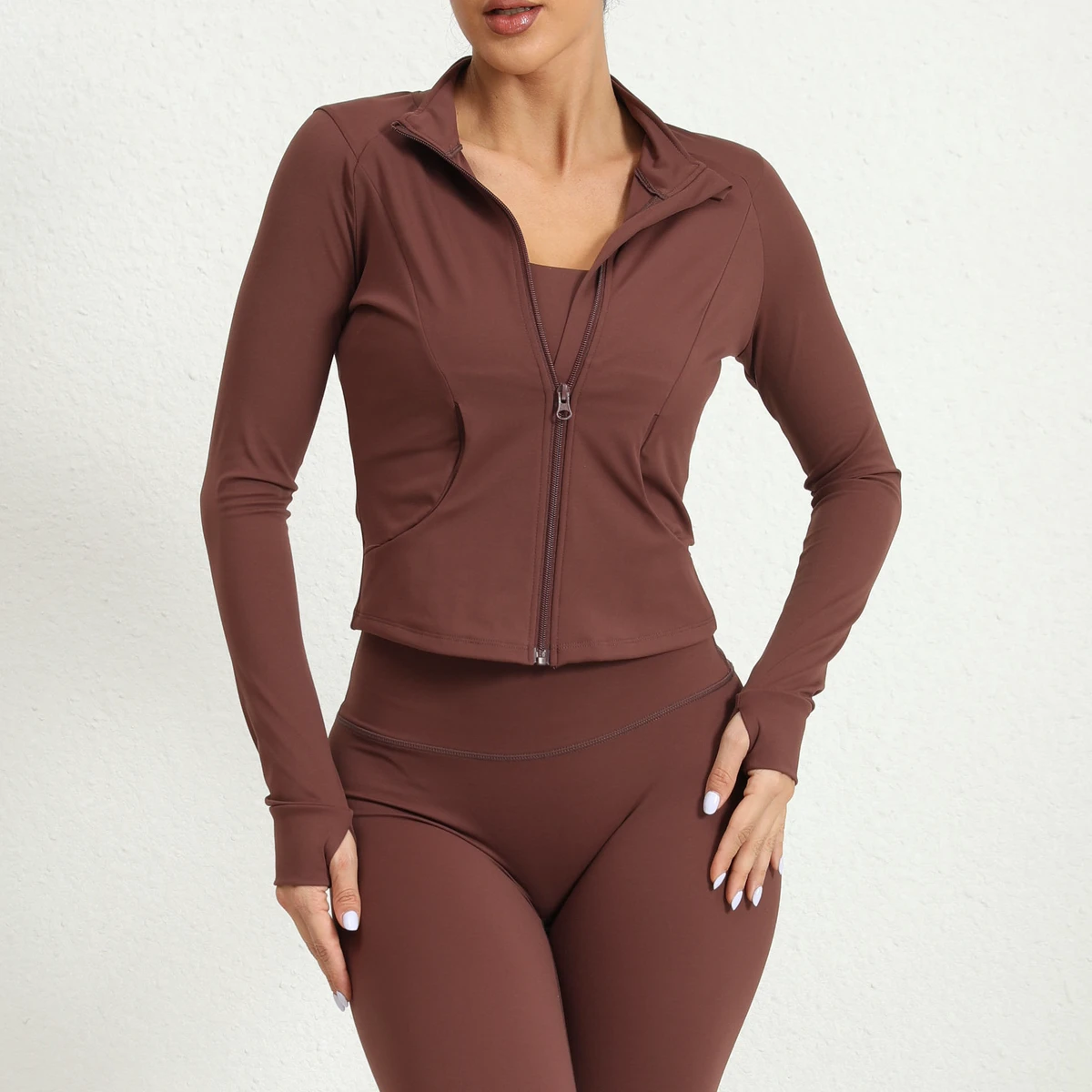 High Quality Long Sleeve Shirt Slim Fit Full Zipper Jacket Pockets Soft Elastic Top Gym Wear Fitness Women Sportswear Yoga Tops