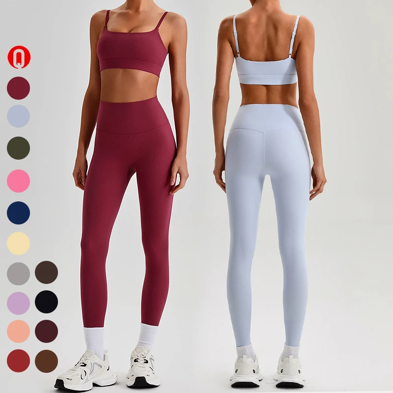 Women Solid Sports Outfit 4-Way Stretch Breathable Yoga Clothing Sets High Waisted Leggings Gym Fitness Sports Bra Workout Sets
