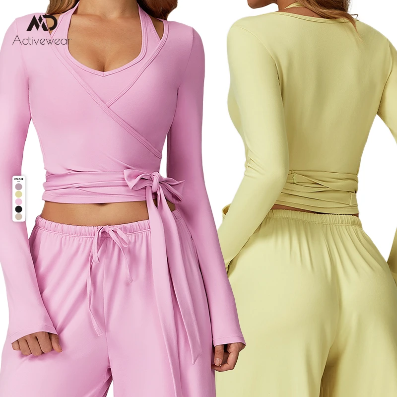 Latest Women Front Tie Straps Tops Long Sleeve Bolero Crop Cardigan Yoga Ballet Cover up Tops Pilates Outfits Gym Dance Clothes