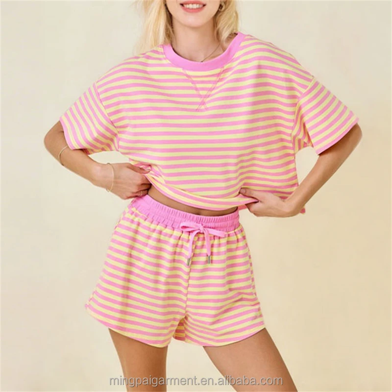 OEM Custom Summer New Women's Stripe 2 Piece Set Crop Top T-Shirt And Drawstring Shorts Casual Lounge Wear Matching Set