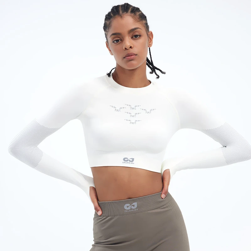 GJ For YJ02 Wholesale Custom Women Fitness Sets Gym Legging Seamless Breathable Quick Dry Long Sleeve Crop Top Yoga Suit