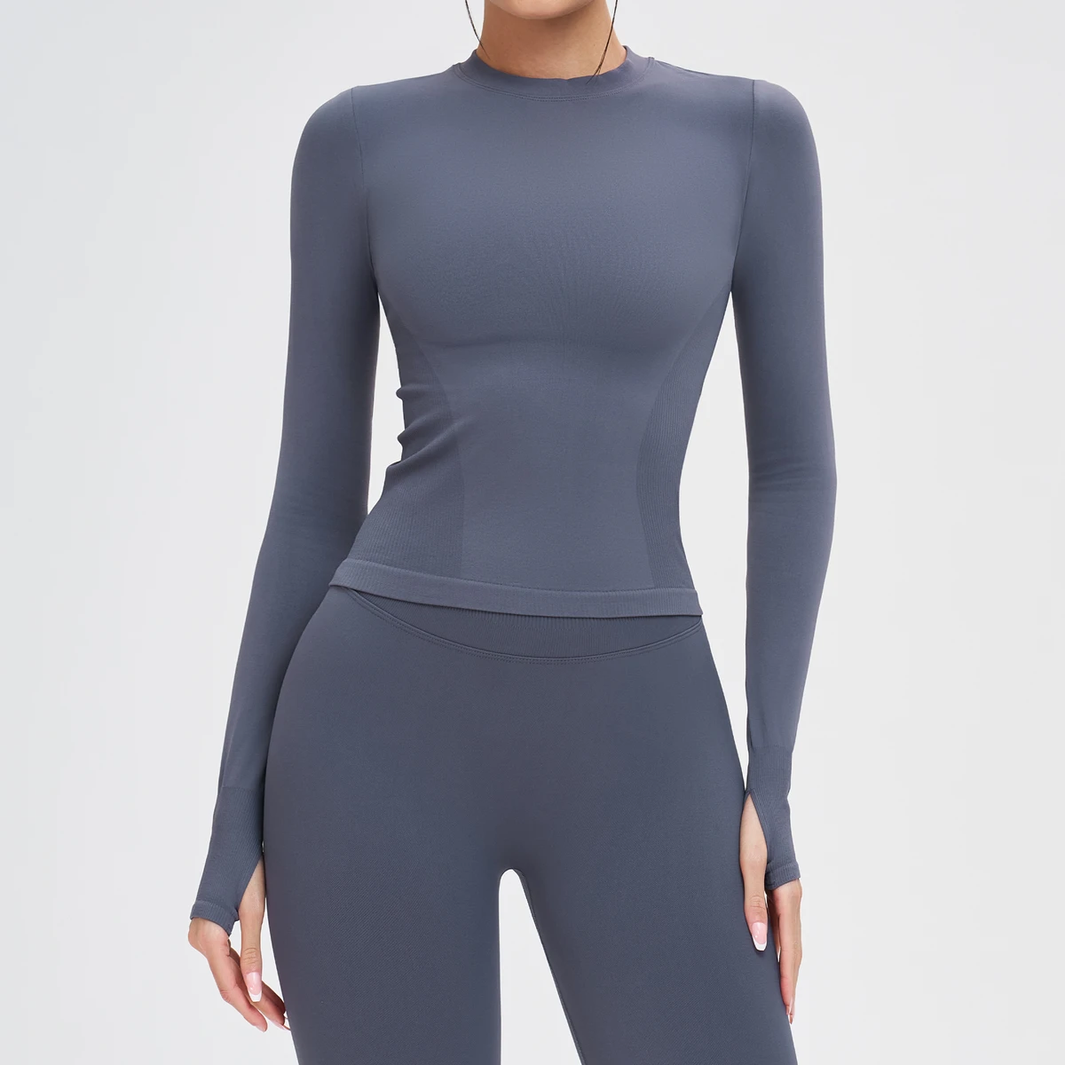 Seamless Yoga Long-Sleeved Crew Neck Skinny Fit Breathable Lightweight Quick Dry Four-Way Stretch Eco-Friendly Spandex/Nylon