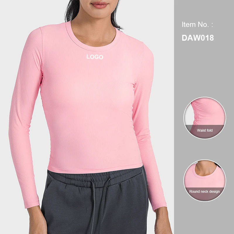 DAW018 High Elastic Vertical Ribbed Shape Sports Long Sleeve T-shirt Waist Slimming Round Neck Bottom Yoga Top