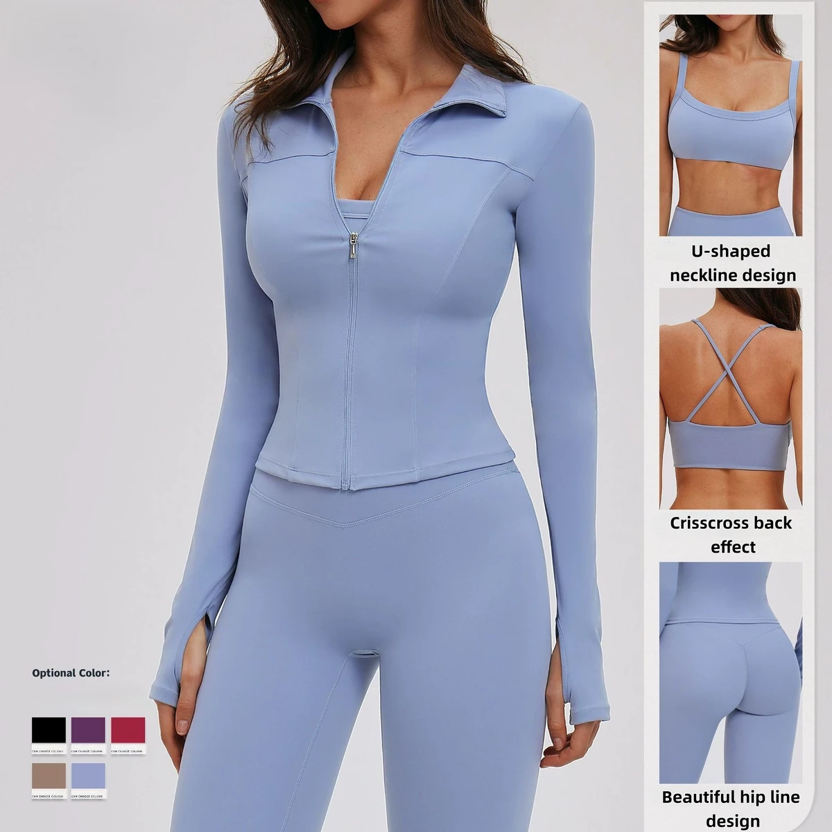 Brushed Spandex/Nylon Yoga Set 3-Piece Tight-Fitting Slimming Quick Dry Breathable Four-Way Stretch High-Waisted V-Neck Pants