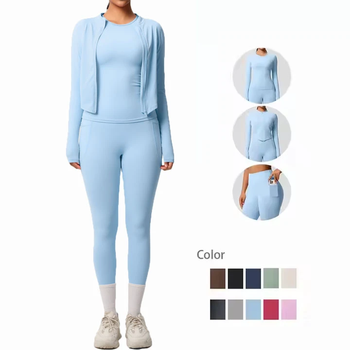 High Quality Lightweight Yoga Clothing Set Long Sleeves Pants with Pockets Easy Breathable Solid Pattern Three Piece Sports Gear