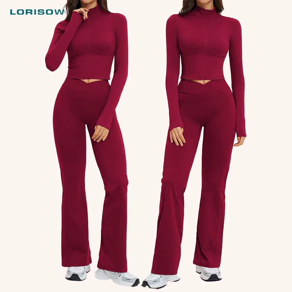 Women's Solid Flared Yoga Lightweight Breathable Long Sleeve Workout Outfit for Running Gym Fitness