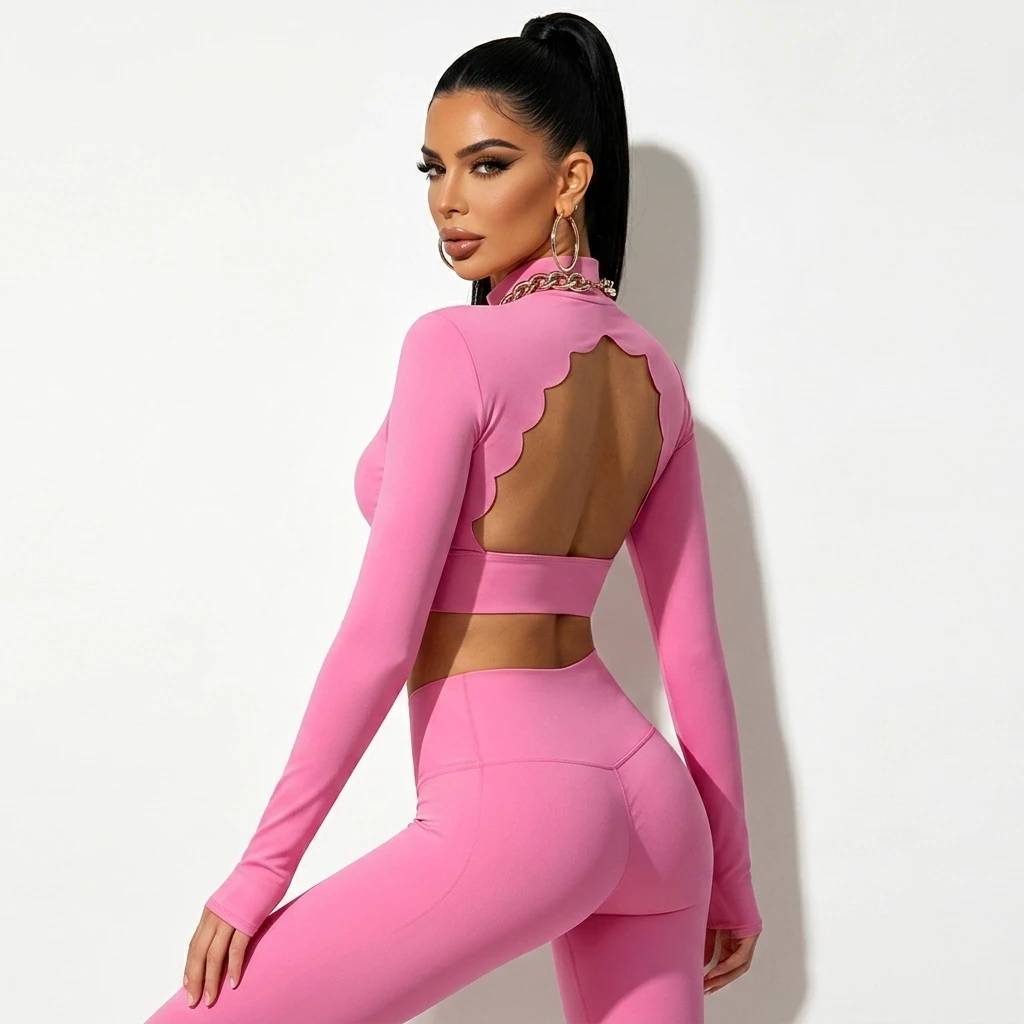 Women Breathable Solid-color Nylon Quick-drying Long Sleeve Open Back Padded Soft Seamless Tight Fitness Gym Yoga Top