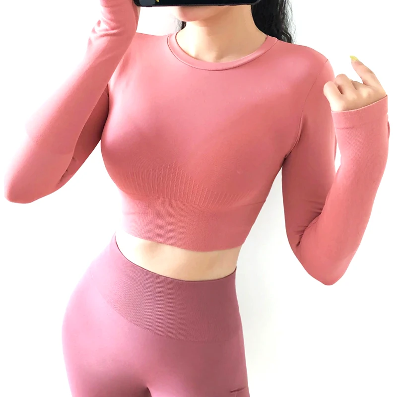 Women's Solid Color Yoga Crop Top Seamless Fitness Gym Workout Tank Long Lace Sleeves Casual Embroidery Plus Size Quick Dry