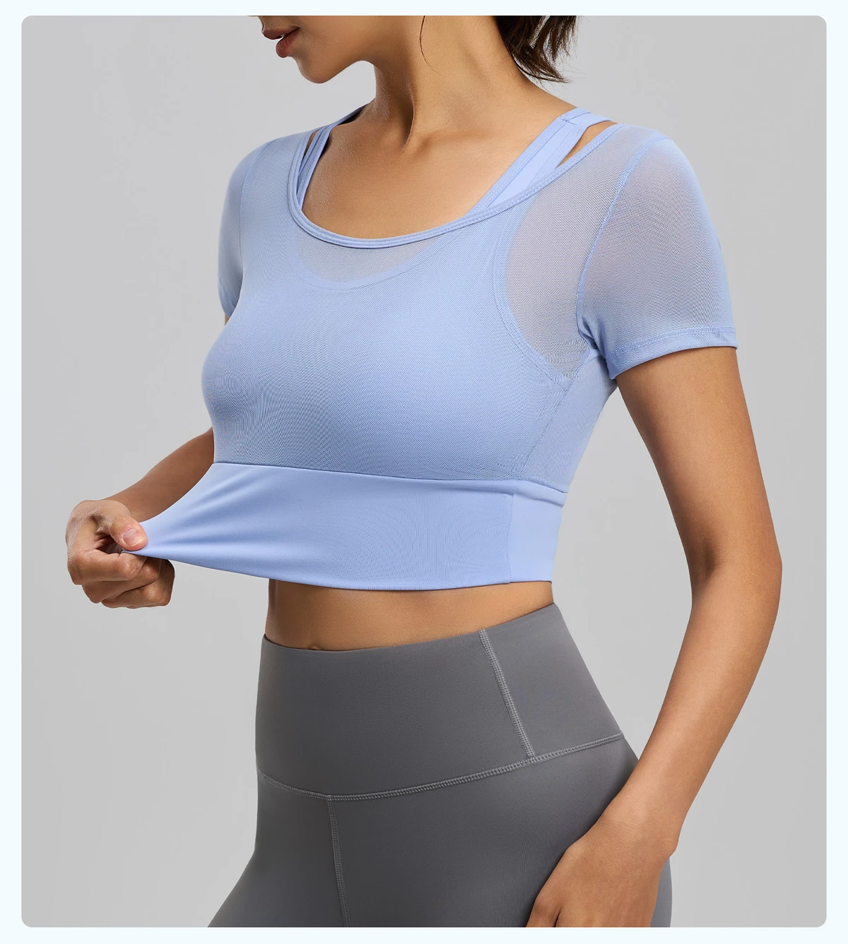 Quick Drying Mesh Spliced Yoga Top, Sports Short Sleeved Top with Chest Cushion, High Elasticity Women's Outdoor Running Yoga