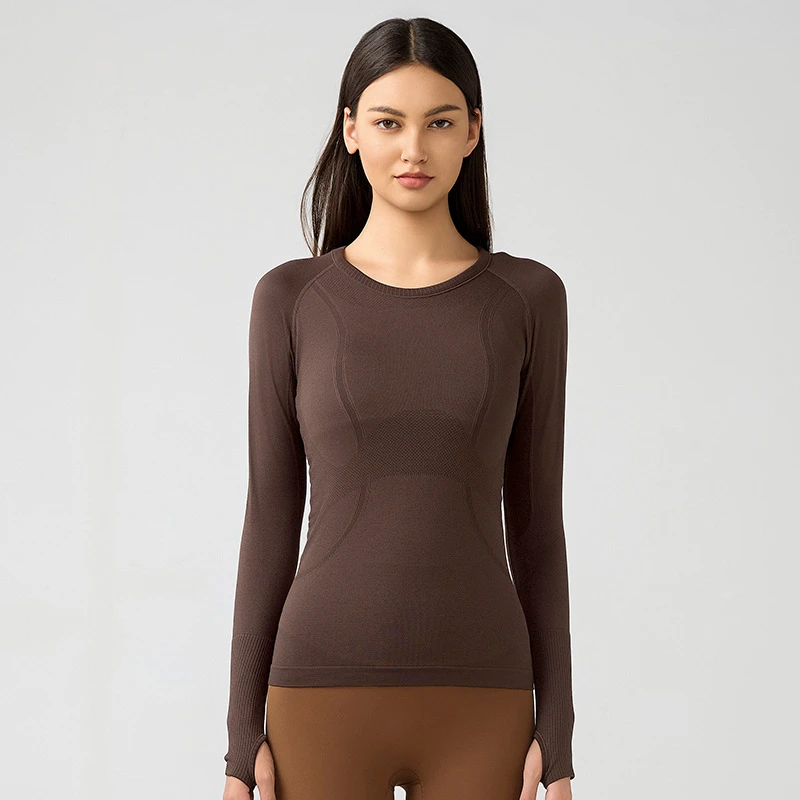 Equestrian Long Sleeve Seamless Fitness Wear Yoga Top Wear Women's Running Athletic Gym Workout Shirt With Thumb Holes
