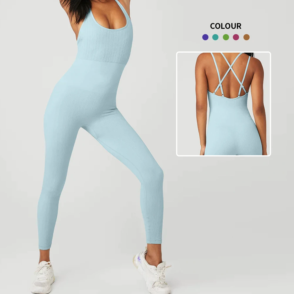 OEM New Solid One Piece Bodysuit Custom Cross Belt Sports Jumpsuit Hot Selling Women's Fitness Gym Apparel Sports Yoga Wears