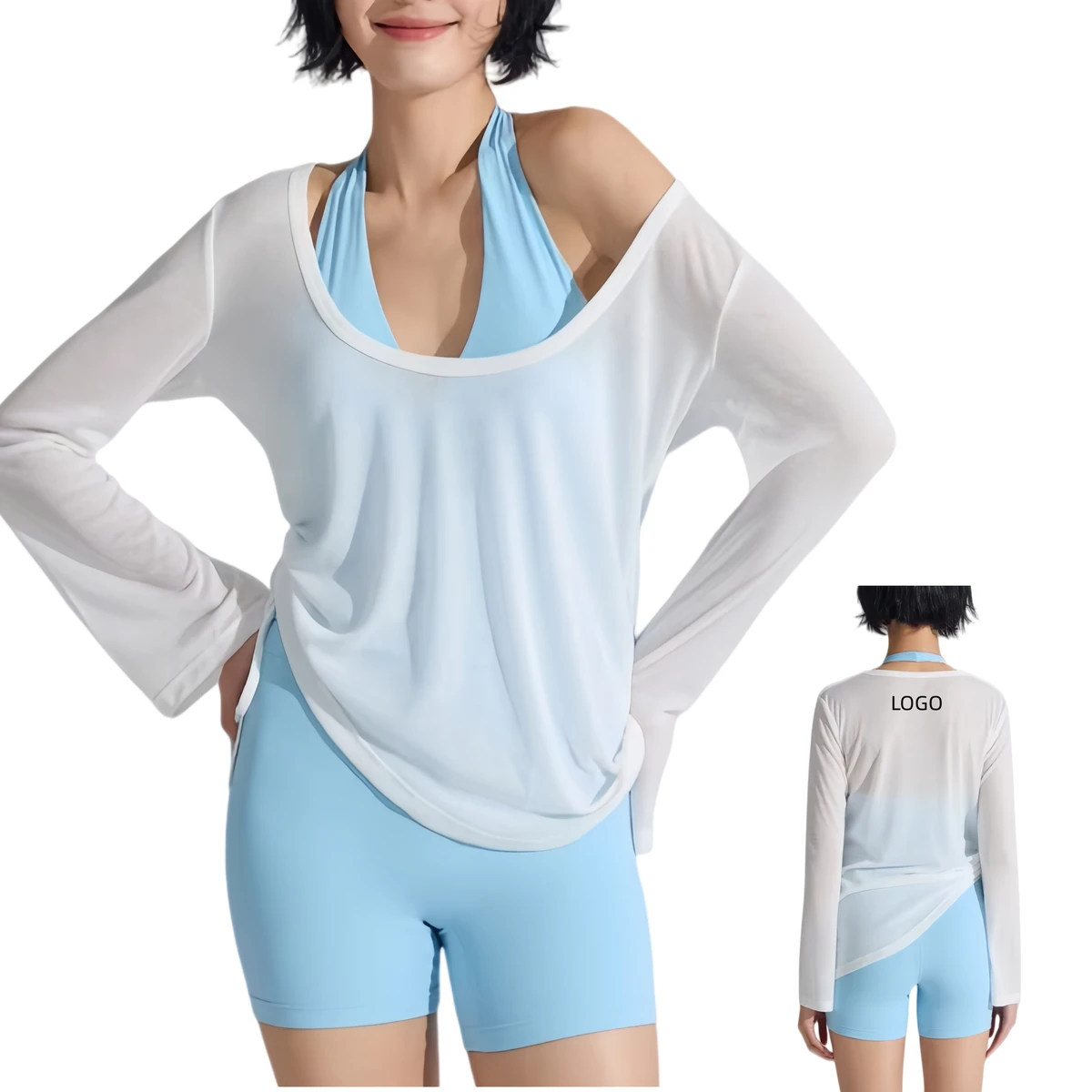 Newly Designed AL Women's Loose Long Sleeved Pleated Drawstring V-neck Sports Topsummer Outdoor Fitness Breathable Yoga Smock