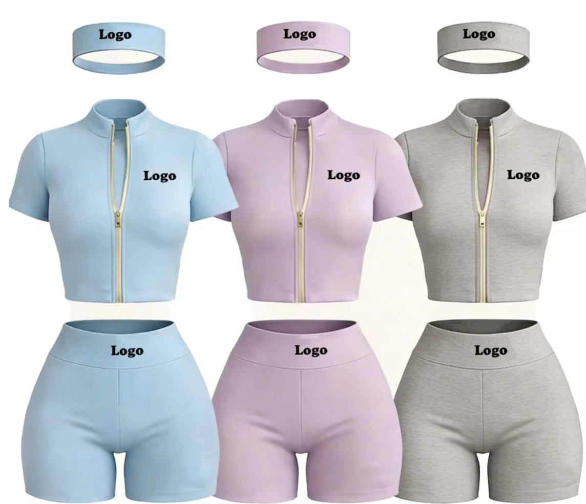 Custom Logo Women's Two-piece Set Zip up Short Sleeve Jacket and Shorts Set Streetwear Workout Activewear Tracksuit Summer 2026