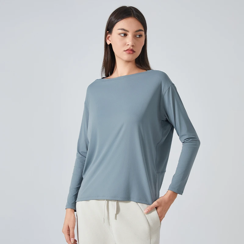 Womens Long Sleeve Nylon Spandex Workout Top Four Way Stretch Sweat Wicking Breathable Quick Dry Loose Fit Indoor Outdoor Tee