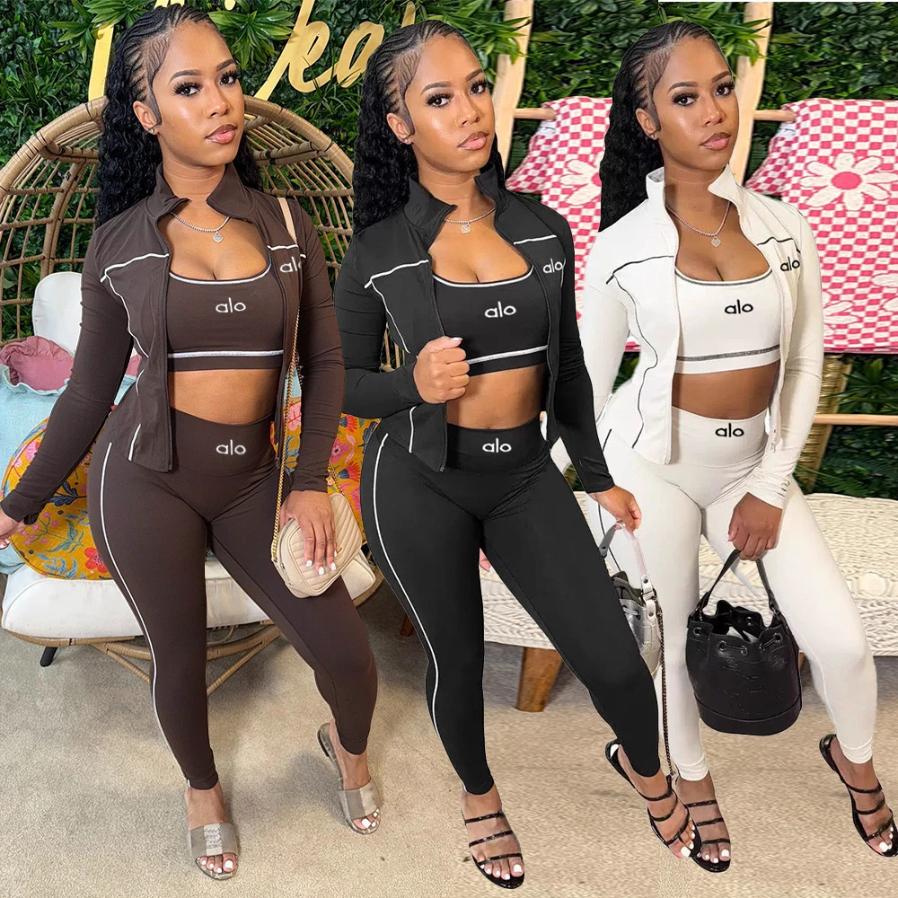 Women's Casual Fashionable Sports Suit Breathable Sweat-Absorbing Slim-Fit Yoga Three-Piece Set Embroidery
