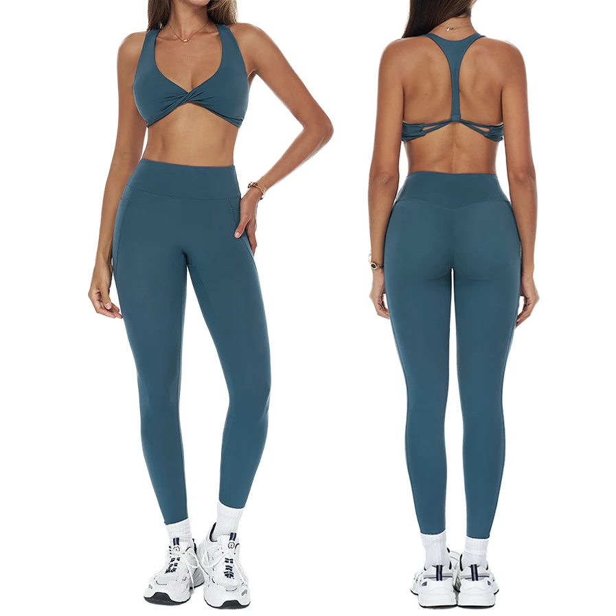 Gym Breathable Fitness Sports Bra Soft Short Top Butt Lift Running Elastic Leggings 2-Piece Solid Waist Seamless Yoga Set Front