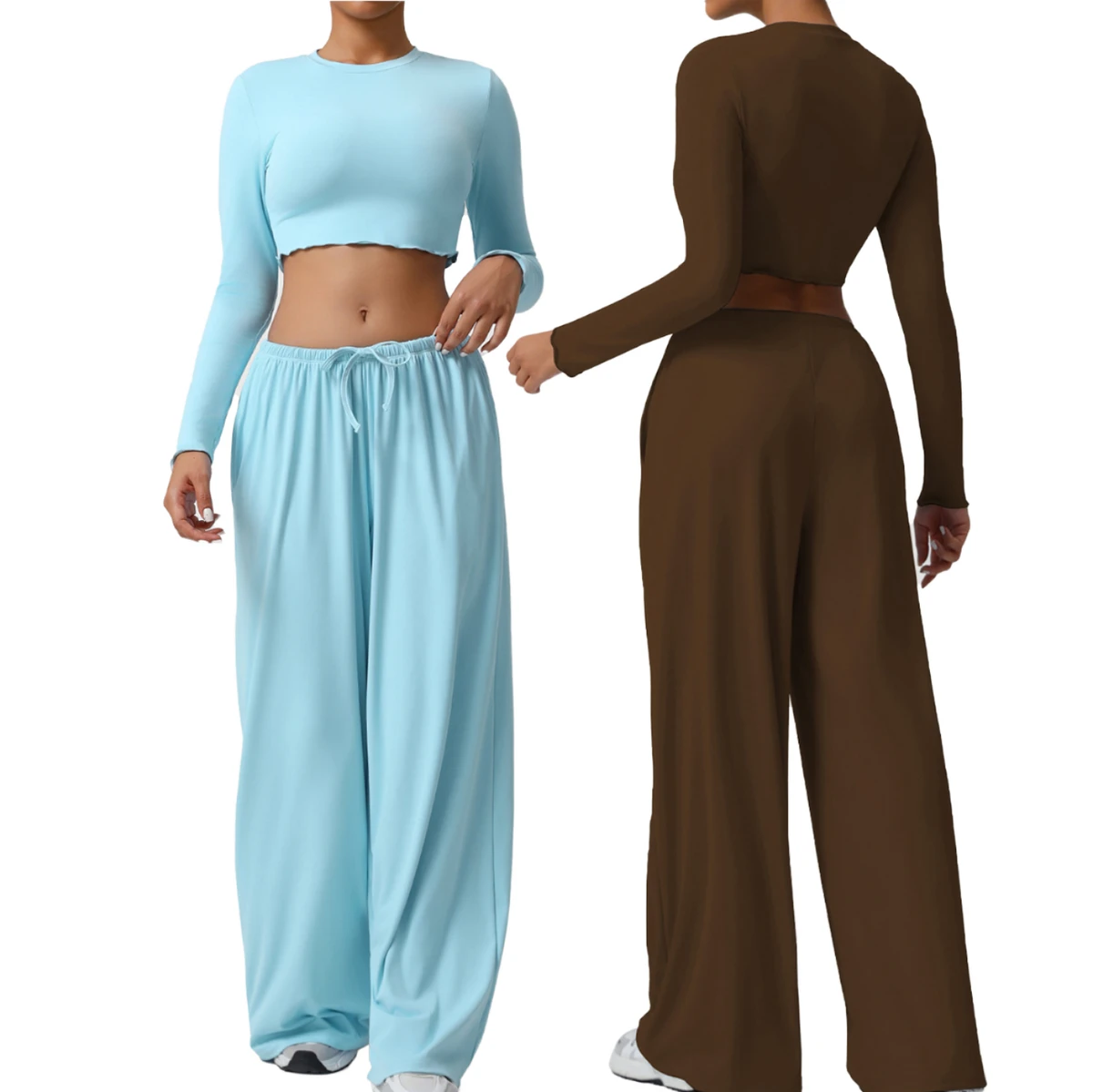 Women European American Two Piece Suits Slim-Fit Long Sleeve Top Fitness Breathable Wide Leg Pants Yoga Clothing