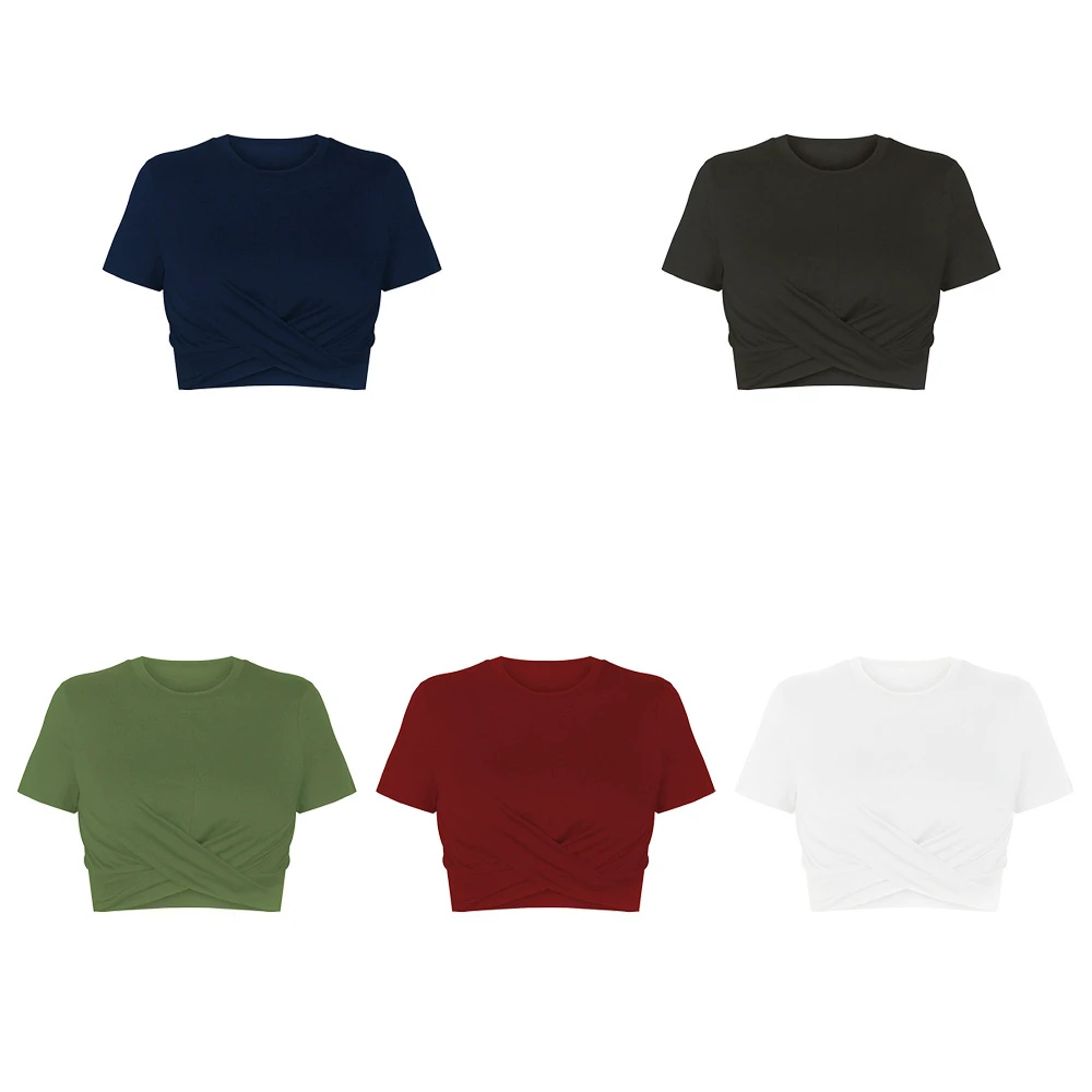 Wholesale Solid Color Women's Summer Round Neck Short-Sleeved T-Shirt Slim Revealing Navel Ultra-Short Top