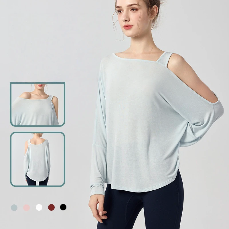 Women's Thin Solid Color Breathable Sportswear Lightweight Knitted Off-the-Shoulder Long-Sleeve Sports T-Shirt Loose Yoga Top