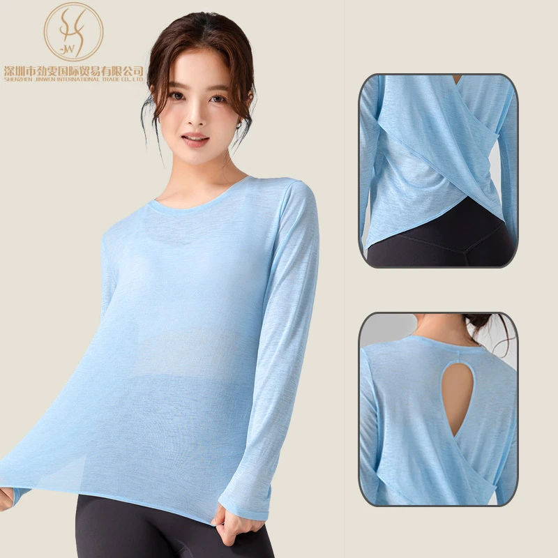 Women's Summer Lightweight Round Neck Long Sleeve Yoga Top Back Hollow Design Breathable Yoga Sports Long Sleeved T-Shirt
